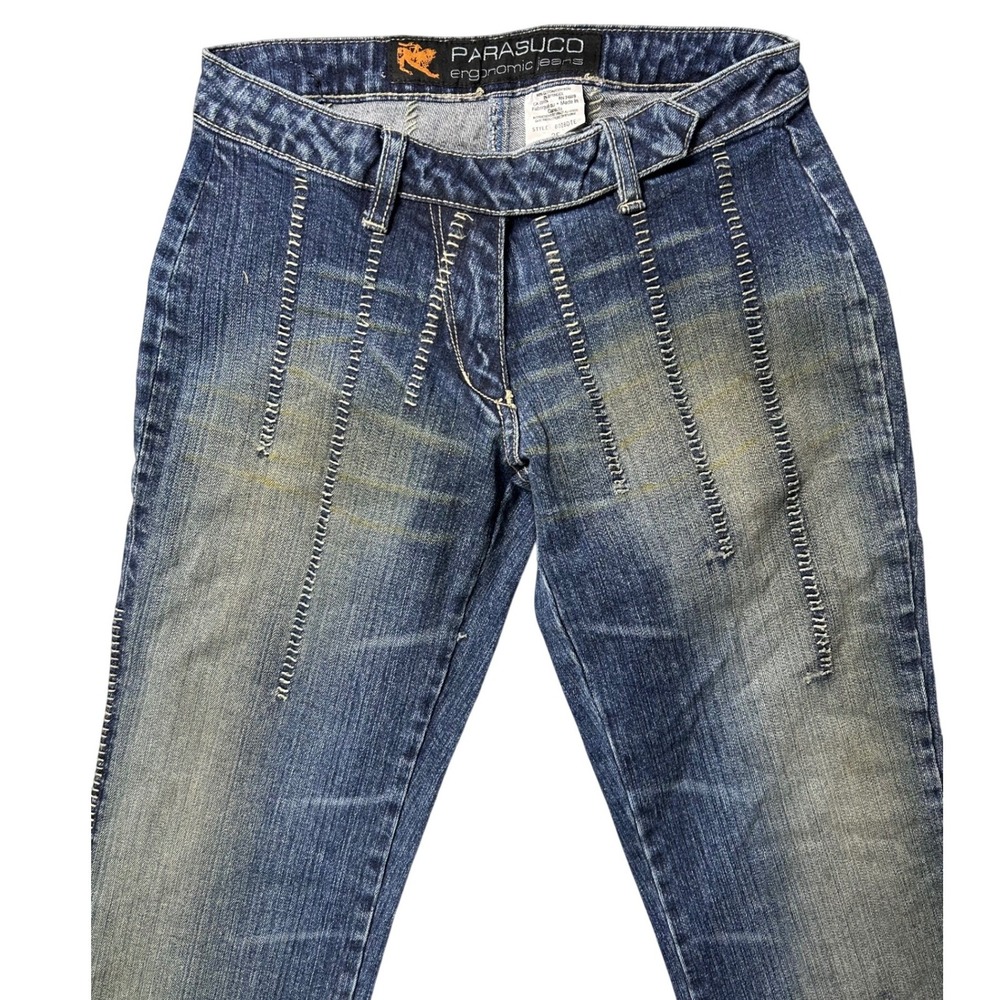 VTG Parasuco Jeans Womens 25 Blue Flare Contrast Stitch Distressed Flare Leg